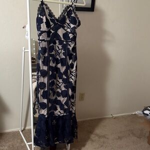 Lulu's Navy and Cream Lace-Overlay Midi Dress